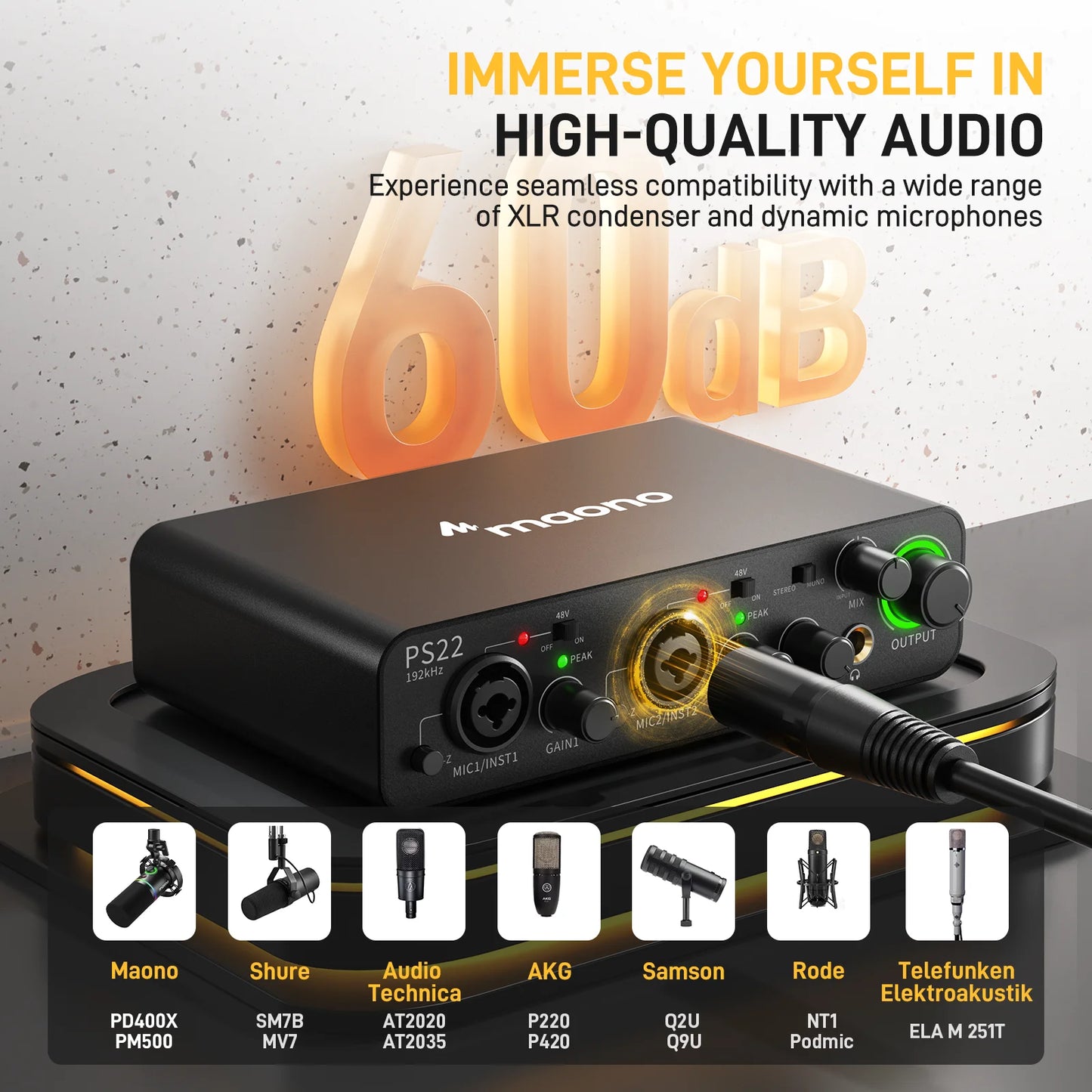MAONO PS22 USB Audio Interface for PC 60dB Pro-Preamp 24bit 192kHz Dual USB Interface for Home Recording Podcast Streaming