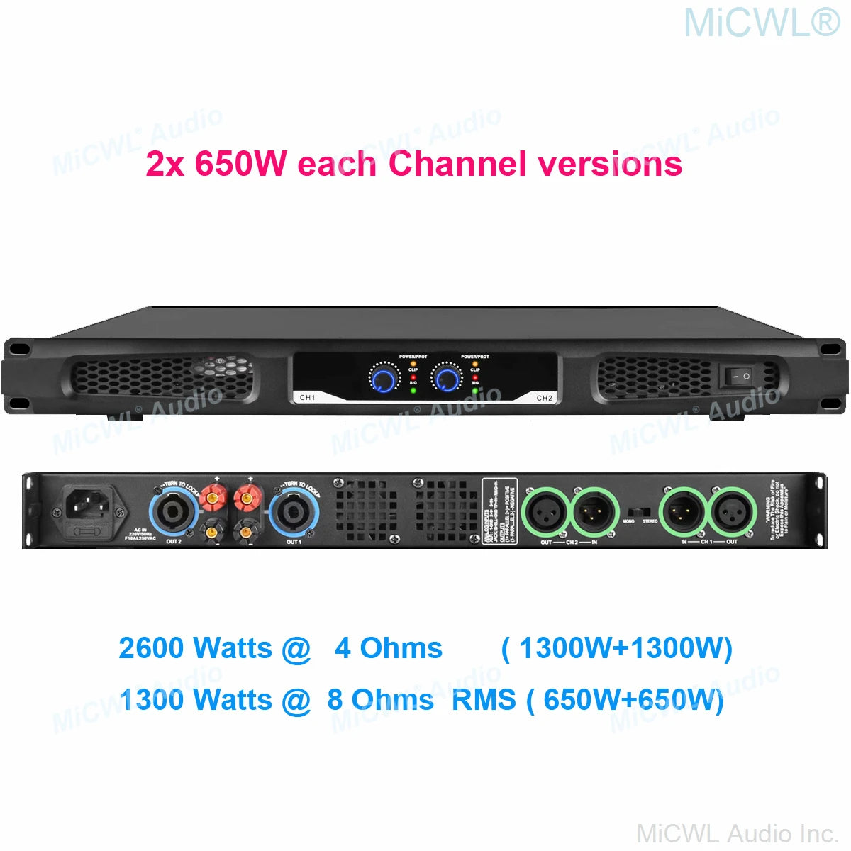 MiCWL Audio Pro CA Series 5200W Digital Power Amplifier 4 Channel 2600 Watt AMP Standard 19" 1U Rack CA650