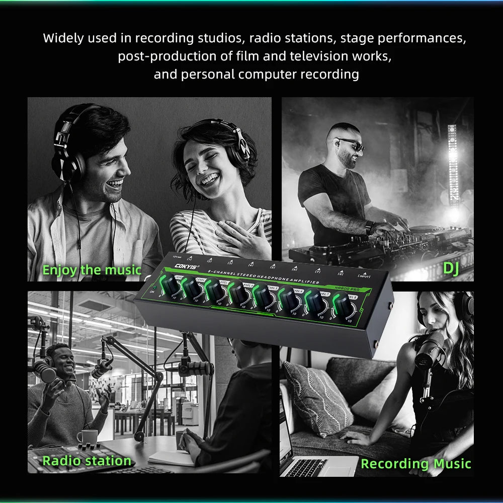 HA800 PRO 8 Channel Headset Amplifier Audio Stereo Audio Amplifier With Power Adapter for Music Mixer Recording EU/USplug