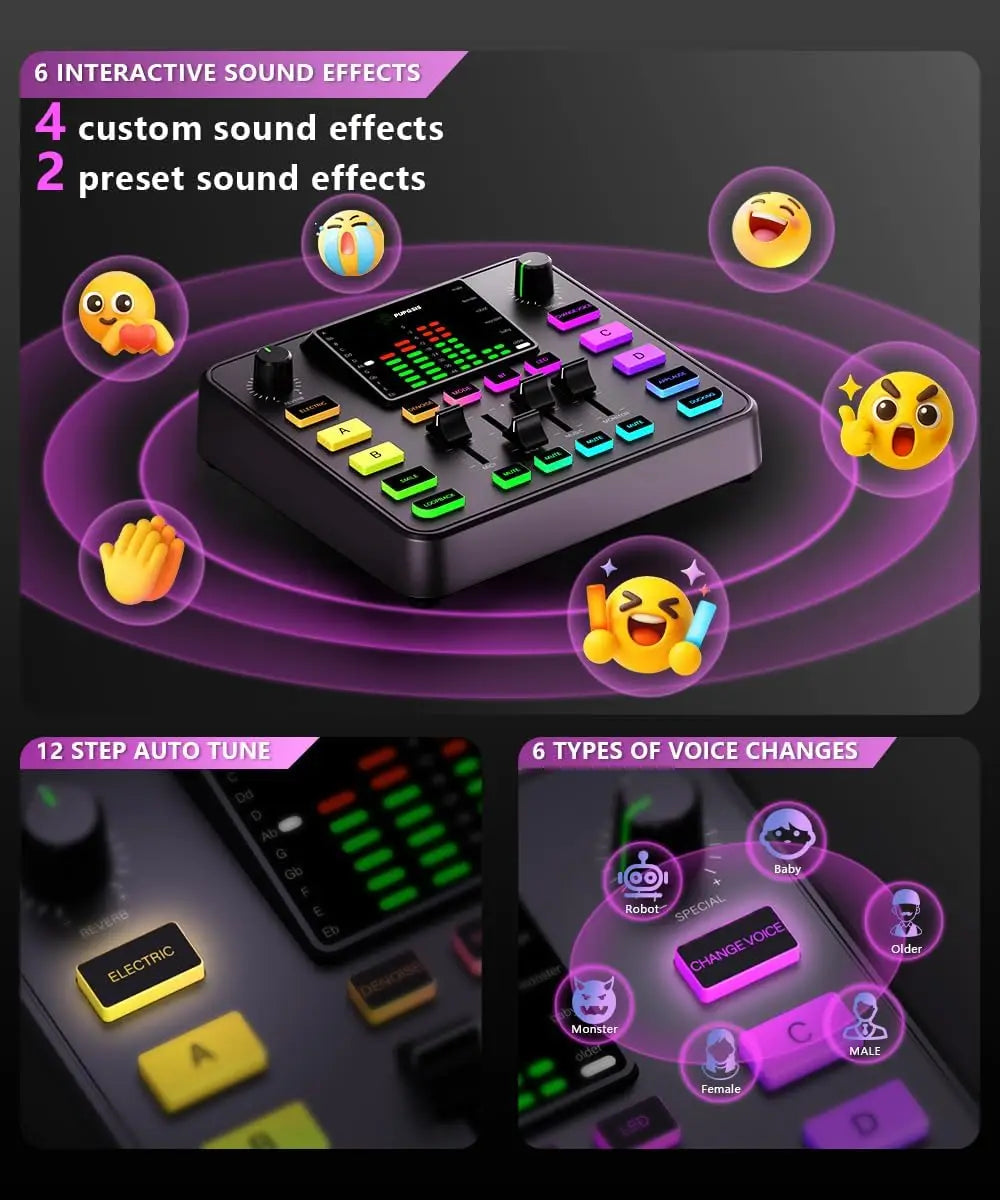 Pupgsis Gaming Audio Mixer Audio Interface with Pro-preamp RGB, Bluetooth 48V Phantom Power for Live Streaming,Podcasting,Gaming