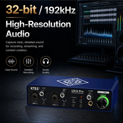 UX22 Pro Audio Interface 192kHz 32-Bit USB Sound Card for Studio Recording Live Streaming Podcast DAW Music Production & YouTube