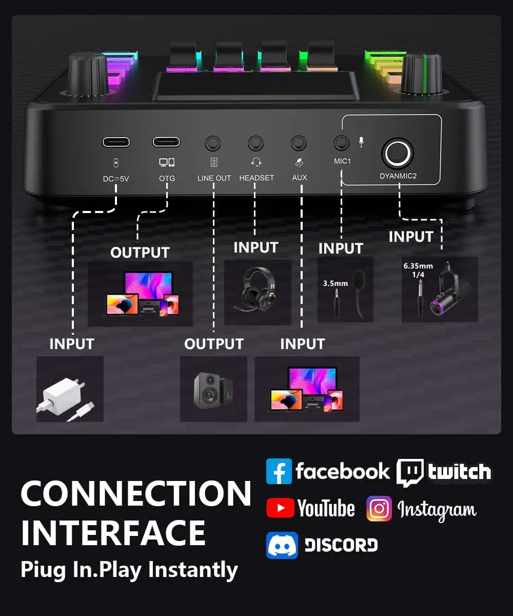 Pupgsis Gaming Audio Mixer Audio Interface with Pro-preamp RGB, Bluetooth 48V Phantom Power for Live Streaming,Podcasting,Gaming