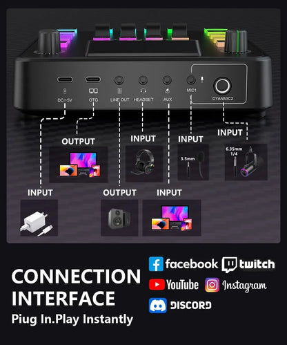 Pupgsis Gaming Audio Mixer Audio Interface with Pro-preamp RGB, Bluetooth 48V Phantom Power for Live Streaming,Podcasting,Gaming