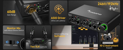 MAONO PS22 USB Audio Interface for PC 60dB Pro-Preamp 24bit/192kHz Dual USB Interface for Home Sudio Recording Podcast Streaming