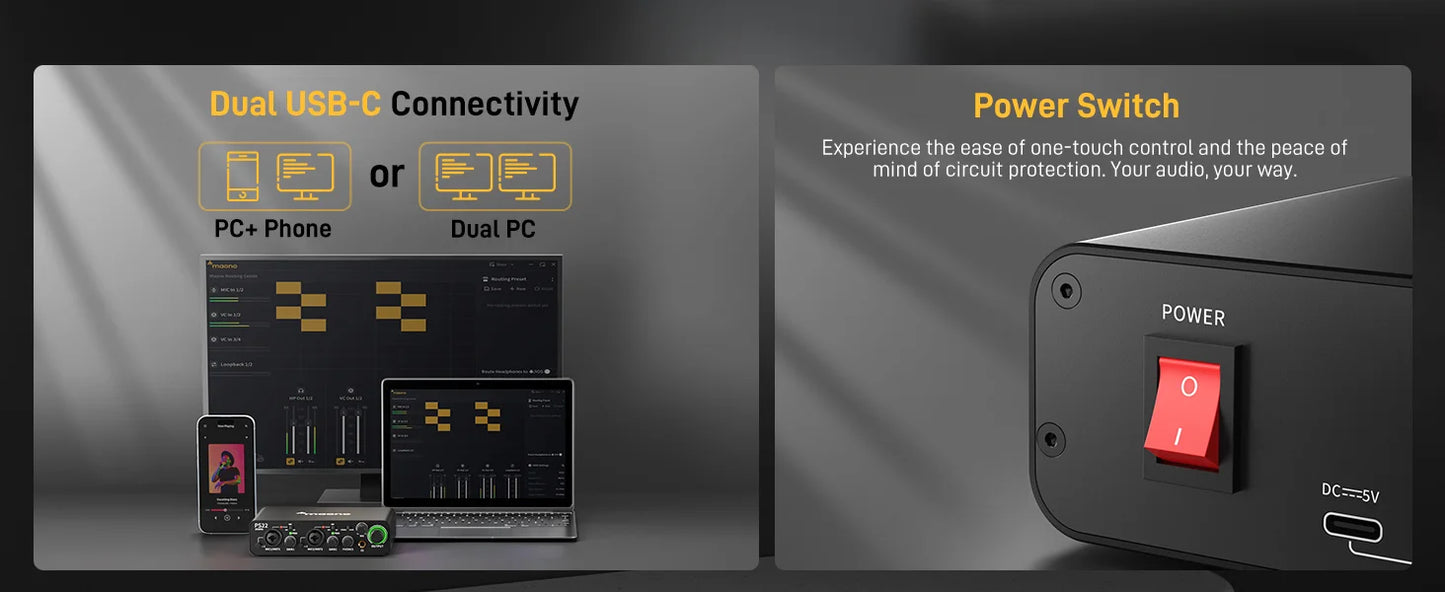 MAONO PS22 USB Audio Interface for PC 60dB Pro-Preamp 24bit 192kHz Dual USB Interface for Home Recording Podcast Streaming