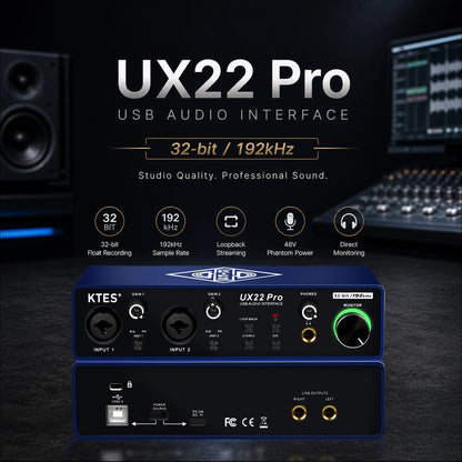 UX22 Pro Audio Interface 192kHz 32-Bit USB Sound Card for Studio Recording Live Streaming Podcast DAW Music Production & YouTube