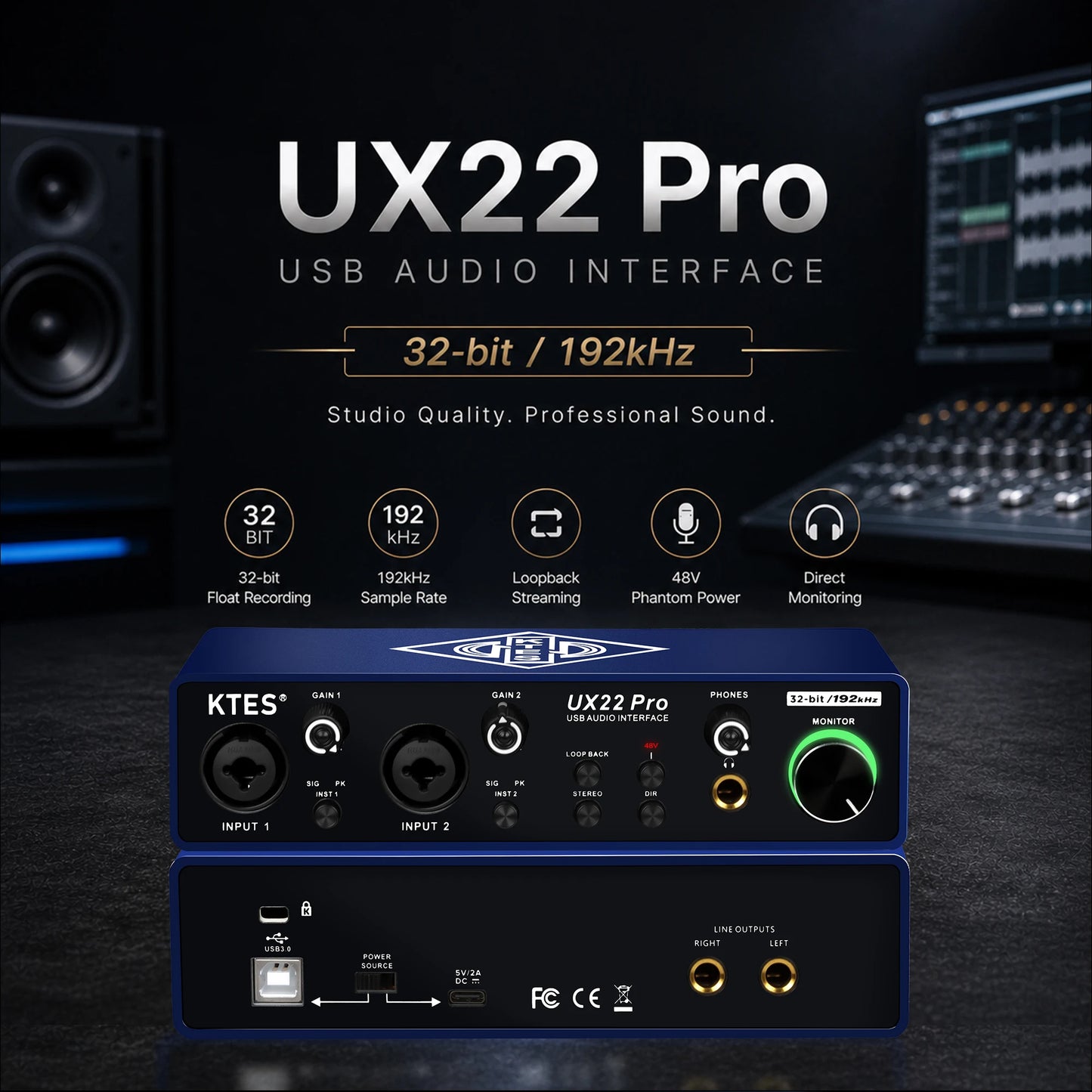 UX22 Pro Audio Interface 192kHz 32-Bit USB Sound Card for Studio Recording Live Streaming Podcast DAW Music Production & YouTube
