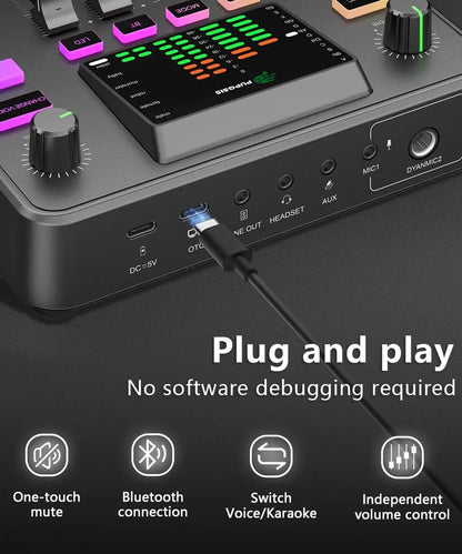 Pupgsis Gaming Audio Mixer Audio Interface with Pro-preamp RGB, Bluetooth 48V Phantom Power for Live Streaming,Podcasting,Gaming