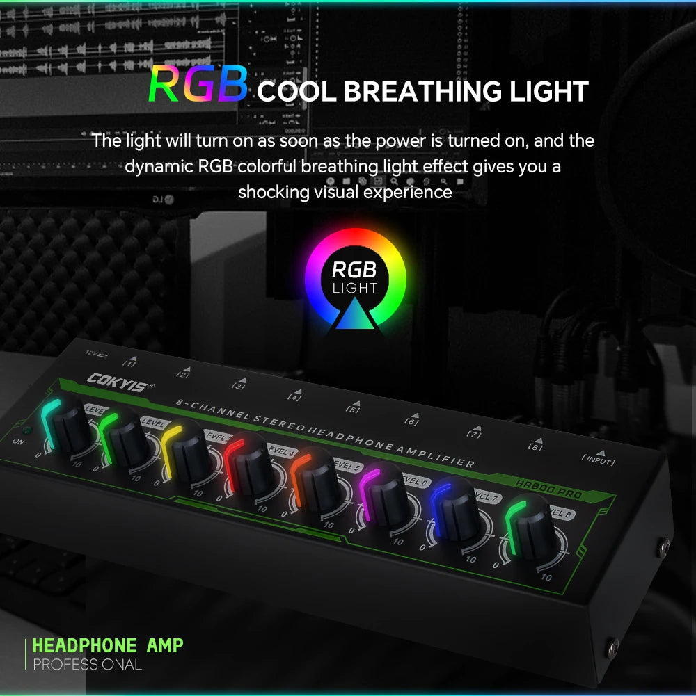 HA800 PRO 8 Channel Headset Amplifier Audio Stereo Audio Amplifier With Power Adapter for Music Mixer Recording EU/USplug