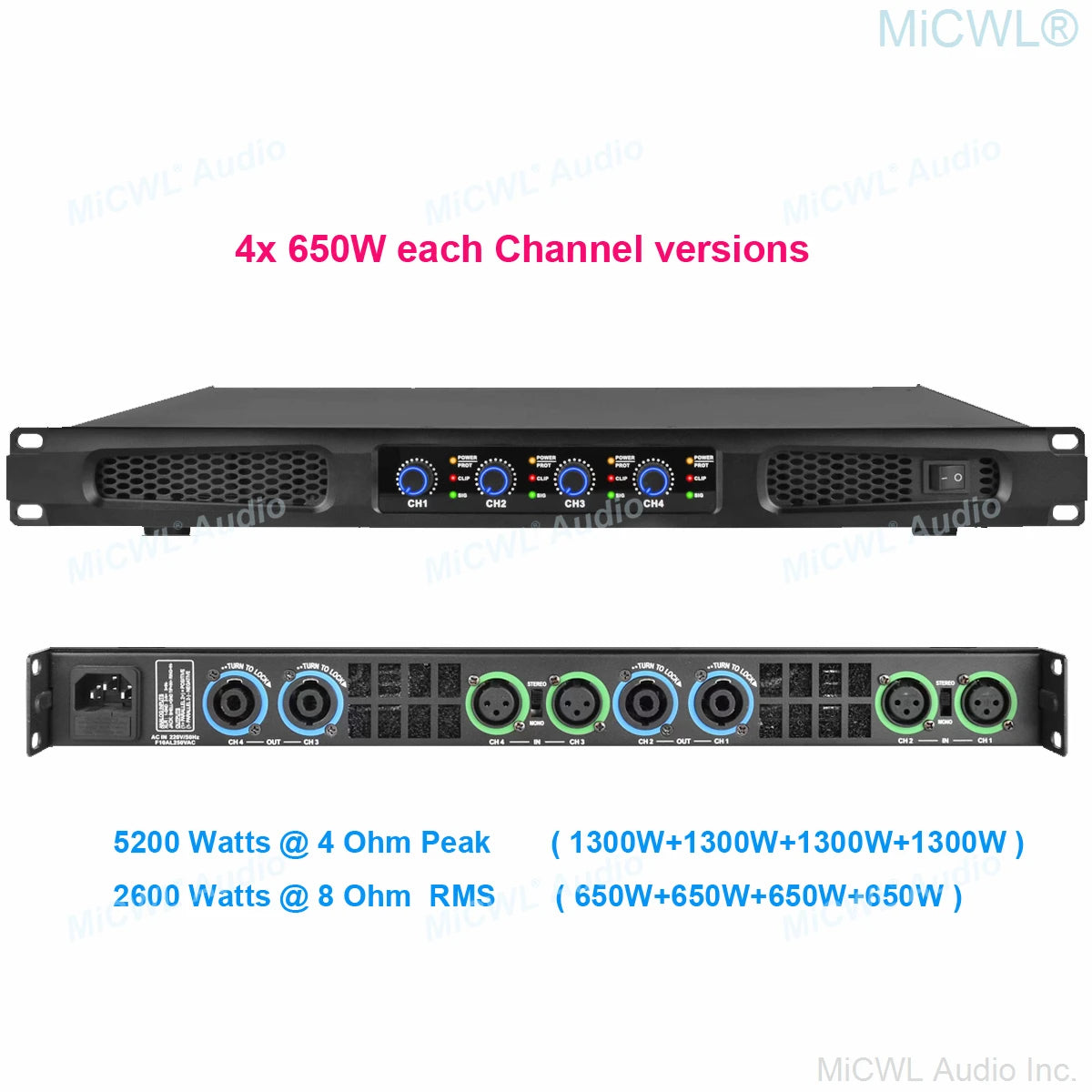MiCWL Audio Pro CA Series 5200W Digital Power Amplifier 4 Channel 2600 Watt AMP Standard 19" 1U Rack CA650