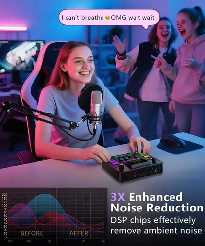 Pupgsis Gaming Audio Mixer Audio Interface with Pro-preamp RGB, Bluetooth 48V Phantom Power for Live Streaming,Podcasting,Gaming