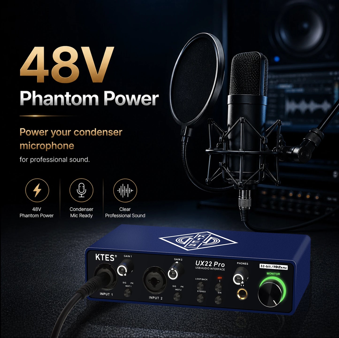 UX22 Pro Audio Interface 192kHz 32-Bit USB Sound Card for Studio Recording Live Streaming Podcast DAW Music Production & YouTube