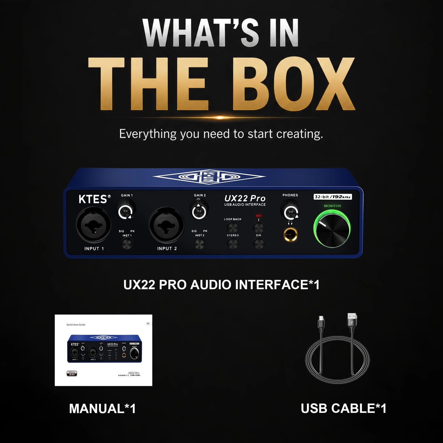 UX22 Pro Audio Interface 192kHz 32-Bit USB Sound Card for Studio Recording Live Streaming Podcast DAW Music Production & YouTube
