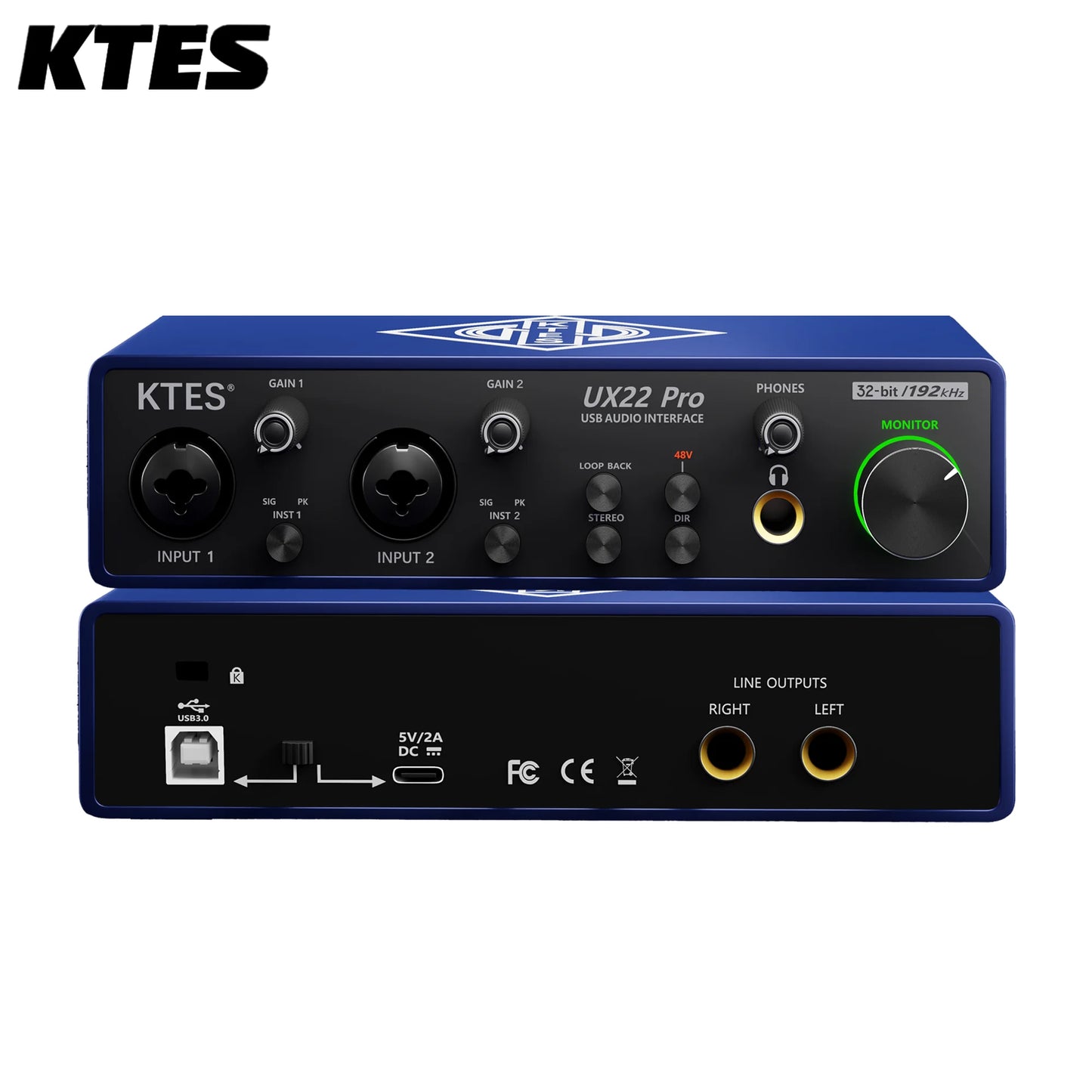 UX22 Pro Audio Interface 192kHz 32-Bit USB Sound Card for Studio Recording Live Streaming Podcast DAW Music Production & YouTube
