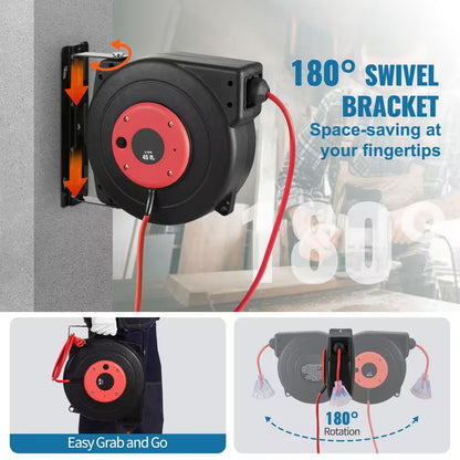 45 Ft., 12Gauge / 3 Conductors, 15 Amps Retractable Extension Cord Reel with 3-Outlets, Heavy Duty 12AWG / 3C SJTOW